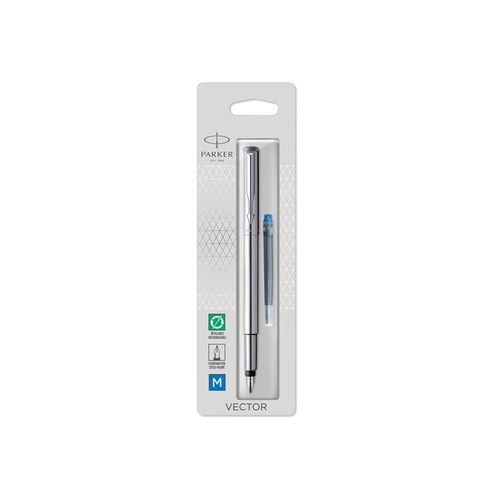 Parker Vector Füller | Edelstahl | Füllfederhalter mit mittlerer Feder | Blau Tinte