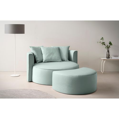 XXL-Sessel "ISALIE, Rundsessel mit Hocker, Lesesessel, Loveseat, Big-Sessel", grün (grüngrau), B:153cm H:98cm T:208cm, LEGER HOME BY LENA GERCKE, Sessel, trendige Stoffe, 3 Zierkissen, große Sitzfläche, Cord, Samt, Bouclé