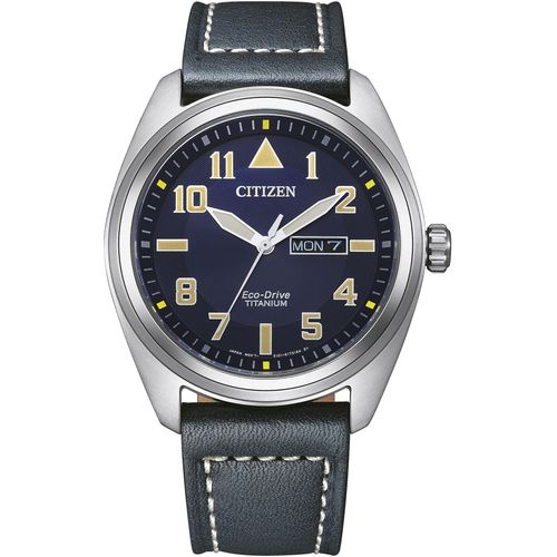Solaruhr CITIZEN, blau (dunkelblau), Armbanduhren, Herren, Armbanduhr, Herrenuhr, Titan, Datum, Lederarmband