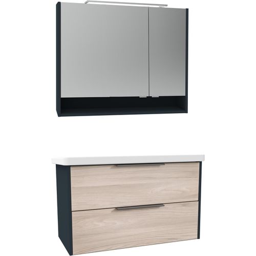 Badmöbel-Set FACKELMANN, korpus anthrazit matt, front optik steinesche, zerlegt zur Selbstmontage, wandhängend, Spiegelschrankmit LED-Aufsatzleuchte, Keramikbecken, Waschtischunterbaumit 2 gedämpften Schubauszügen, Kastenmöbel-Sets