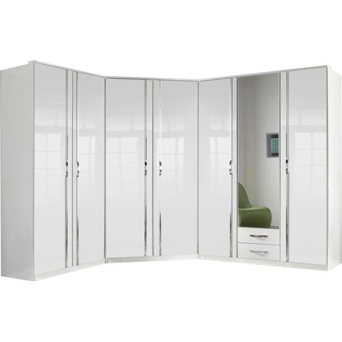 Eckkleiderschrank WIMEX "Tromo", weiß (weiß, hochglanz weiß), B:90cm H:198cm T:95cm, Schränke, Eckkleiderschrank, mit Hochglanz-Front, verchromte Leisten und Griffe