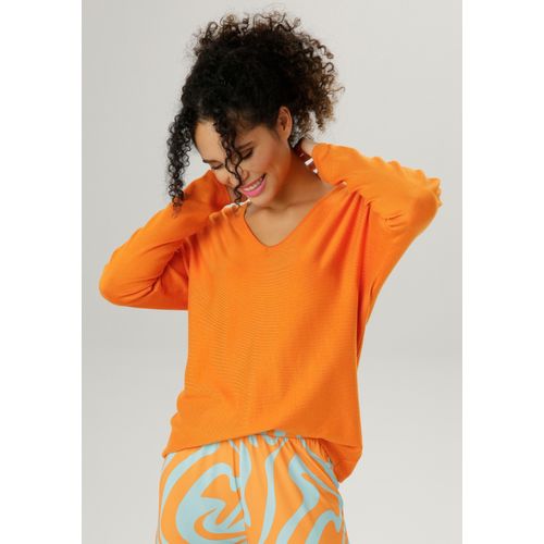 V-Ausschnitt-Pullover ANISTON SELECTED, Damen, Gr. 40, orange, Feinstrick, Obermaterial: 70% Viskose, 30% Polyamid, unifarben, Basic, oversize hüftbedeckend, V-Ausschnitt, Langarm Rippstrickbündchen, Pullover, im Oversize-Look