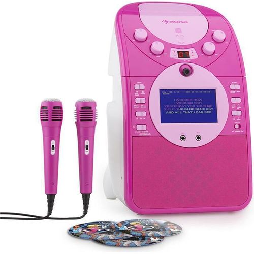 AUNA ScreenStar - Karaoke Player, Karaoke Set, Karaoke Anlage, TFT-Display, 2 x Mikrofon, Front-Kamera, integrierter Lautsprecher, USB, CD+G-Player, 3 x Karaoke-CD, pink