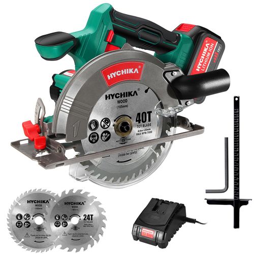 Akku Handkreissäge, HYCHIKA 18V Kreissäge mit 4.0 Ah Li-Ionen Akku, 2xSägeblättern 165mm, Max Schnitttiefe 53mm(90°)/36mm(45°), Akkusäge mit führungsschiene, Absaugeradapter & Sicherheitsschalter