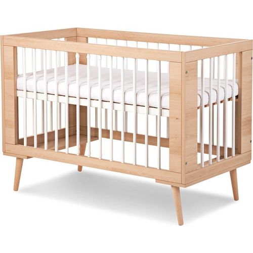 Babybett Gitterbett Kinderbett höhenverstellbar mit Matratze mit Schlupfsprossen weiß Bienenholz SOPHIE 120x60 KMbaby