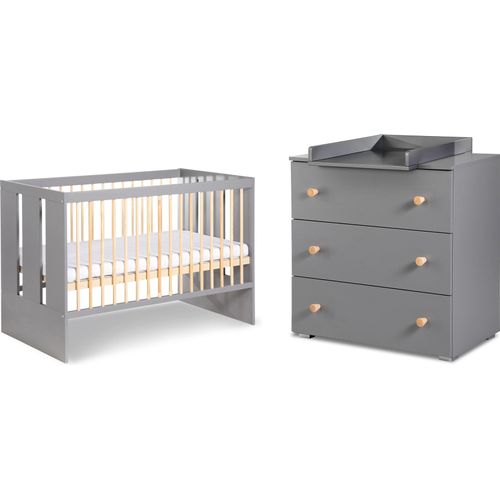 Babybett Gitterbett Kinderbett umbaubar zum Juniorbett höhenverstellbar mit Matratze Schlupfsprossen Kommode mit Schubladen Klamotenschrank Kinderzimmer PAULA GRAU 120x60 KMbaby
