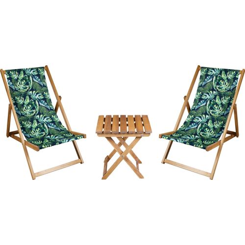 2 x Liegestuhl + Beistelltisch Strandliege Holz Sonnenliege Gartenliege Gartentisch Geölt Bananenblätter Hintergrund Schwarz