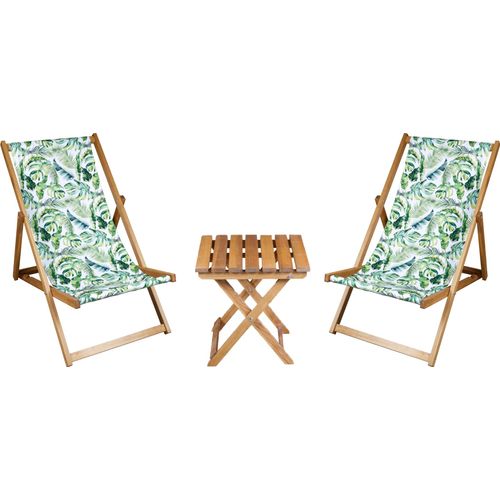 2 x Liegestuhl + Beistelltisch Strandliege Holz Sonnenliege Gartenliege Gartentisch Geölt Bananenblätter Weißer Hintergrund