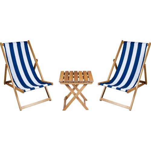 2 x Liegestuhl + Beistelltisch Strandliege Holz Sonnenliege Gartenliege Gartentisch Geölt Blau-weiße Streifen