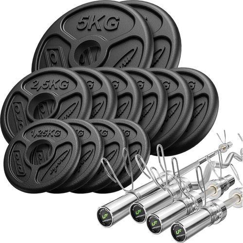Set 65kg | olympische Langhantelstange 180 cm + leicht gebogene SZ-Curlstange 120 cm + 2x Kurzhantelstange 50 cm + Hantelscheiben 2x5kg, 6x2,5kg, 4x1,25kg - Marbo Sport