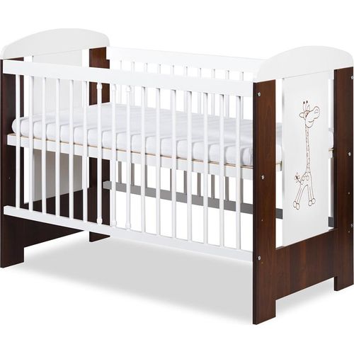 Babybett Gitterbett Kinderbett höhenverstellbar mit Matratze mit Schlupfsprossen Weiß Walnuss GIRAFFE 120x60 KMbaby