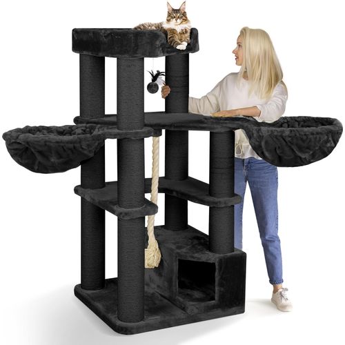 HAPPYPET Kratzbaum stabil 'Oscar' - 161 cm hoch, Katzenbaum für große Katzen Maine Coon, 12 cm Dicke Sisalstämme, 600g Plüsch, Anthrazit