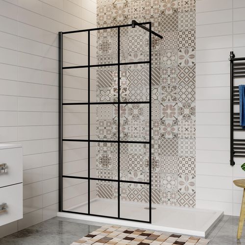 Glaswand (Gittermuster)80x200cm 8mm NANO ESG Glas Schwarz Duschwand Duschglaswand + 140cm Stabilisierungs Stange