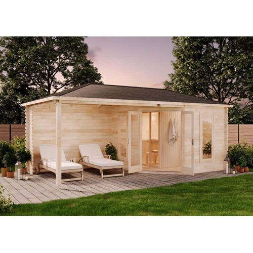FinnTherm 5-Eck Saunahaus Liwa Gartensauna 3 Sitzbänke aus Holz, Sauna mit 40 mm Wandstärke, Außensauna mit Montagematerial