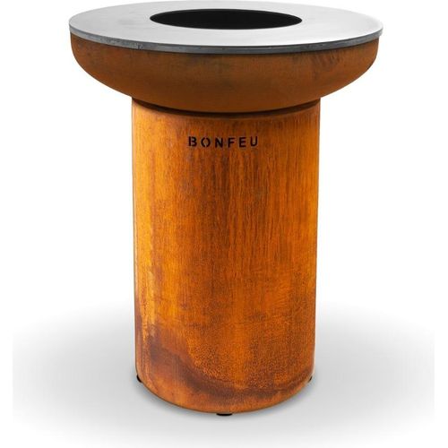 BonFeu BonBiza CortenØ 80 cm -Gartenkamin mit Backplate - Feuertonne & Feuerstelle - Feuerschale Feuerkorb aus stabilem Stahl - Mit Backplatte zum Kochen - Feuerkorb für den Garten