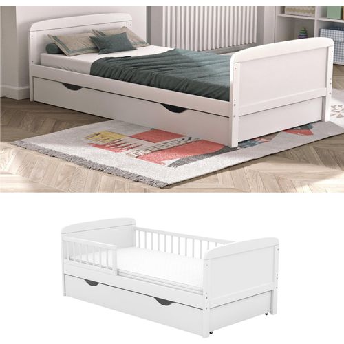 Babybett Juniorbett Kinderbett Luca 140x70 Weiß Schublade Schutzgitter Kokos-Buchweizen Matratze