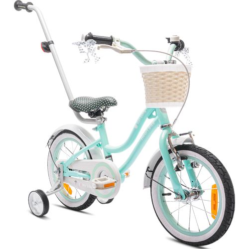 Mädchenfahrrad 14 Zoll Glocke Zusatzräder Schubstange Heart Bike Türkis