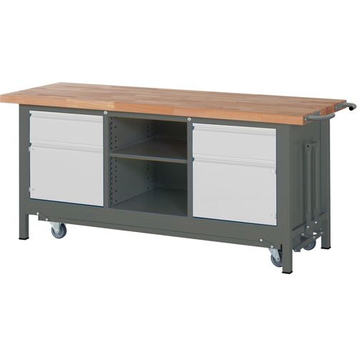 STIER Werkbank Premium mit abs. Fahrgestell, 2 Schubladen und 2 Flügeltüren BxTxH 2000x700x880mm