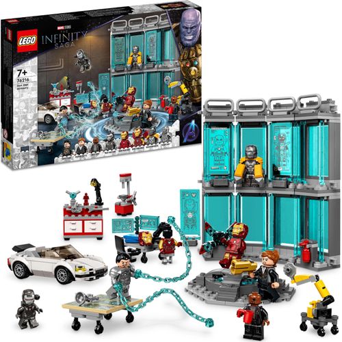 LEGO 76216 Marvel Iron Mans Werkstatt mit 3 Kampf-Anzügen, Spielzeugauto und Roboter, Avengers-Spielzeug zum Bauen, Set mit 5 Minifiguren, Geschenk für Kinder ab 7 Jahren