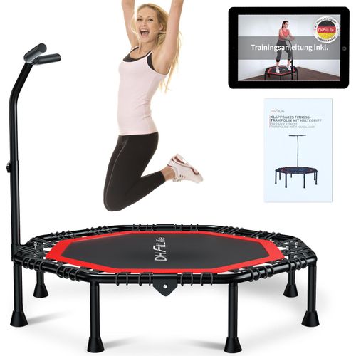 DH FitLife Fitness Trampolin klappbar leise Gummiseilfederung ohne Installation | 50 Zoll (ca. 127 cm) Trampoline für Indoor & Outdoor Jumping | mit 3 verstellbaren Handgriffstufen | Rot