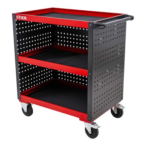 STIER Servicewagen, Werkstattwagen, mit Lochplattenverkleidung, HxBxT 960x810x543 mm, mit Rollen, drei Etagen