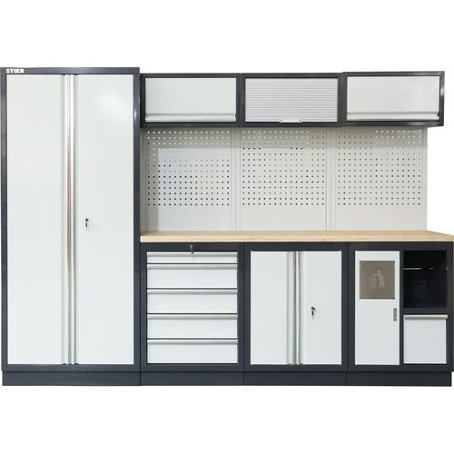 STIER Werkstatteinrichtung Basic, 4-teilig, modular, mit Lochwand und Multiplex-Arbeitsplatte, hydraulische Hängeschränke, integriertes Müllfach, BxTxH 2955x460x2000mm