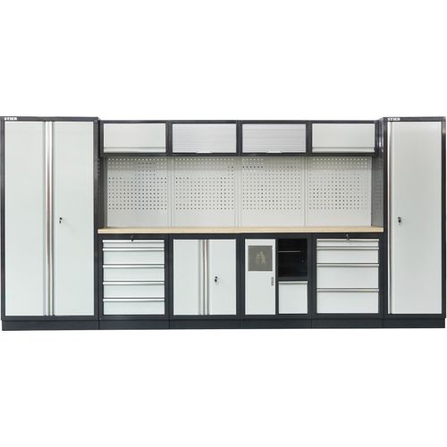 STIER Werkstatteinrichtung Basic, 6-teilig, modular, mit Lochwand und Multiplex-Arbeitsplatte, BxTxH 4235x460x2000mm