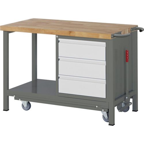 STIER Werkbank Premium, mit abs. Fahrgestell, 3 Schubladen, 125x70x88cm, Stahl & Buche