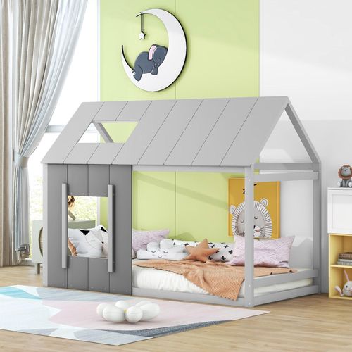 Kinderbett mit Lattenrost, 90x200 cm, Einzelbett, Hausbett inkl. Rausfallschutz, Jugendbett, Kiefer