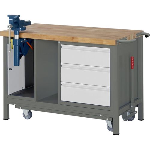 STIER Werkbank Premium, mit abs. Fahrgestell, 3 Schubladen und Schraubstock, 125x70x88cm, Stahl & Buche