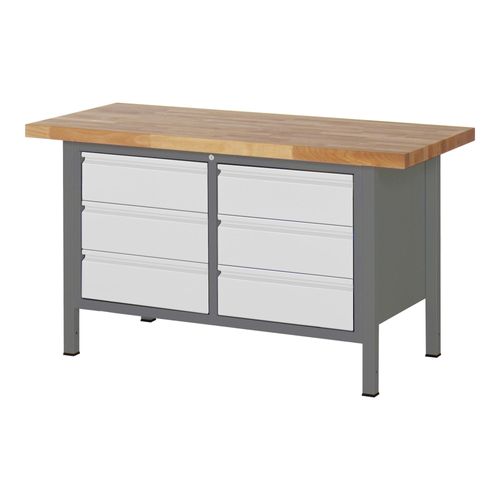 STIER Höhenverstellbare Werkbank Premium, 6 Schubladen, 150x70x84-104cm, Stahl und Buche