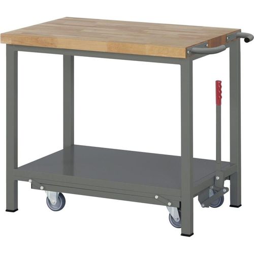 STIER Werkbank Premium, mit abs. Fahrgestell, 100x70x88cm, pulverbeschichteter Stahl & Buche, Montagewerkbank