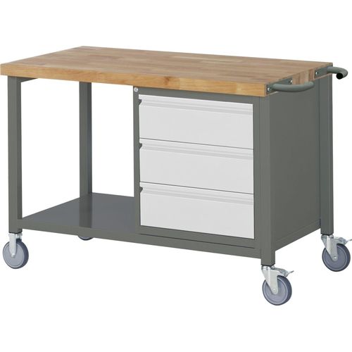 STIER Fahrbare Werkbank Premium, 3 Schubladen, 125x70x88cm, pulverbeschichteter Stahl & Buche