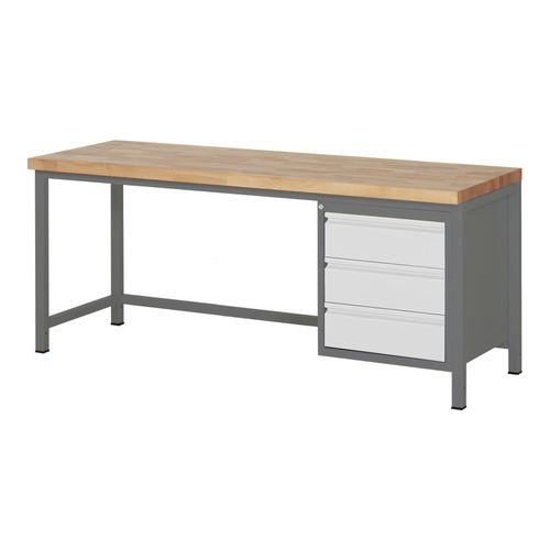 STIER Höhenverstellbare Werkbank Premium, 3 Schubladen, 200x70x84-104cm, Stahl und Buche