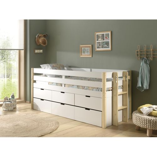 Vipack - Halbhohes Margrit Bett mit Rolllattenrost, Liegefläche 90 x 200, inkl. 3 Schubladen, inkl. Bettschublade auf Rollen, Ausf. Weiß lackiert, Bettpfosten Kiefer natur lackiert