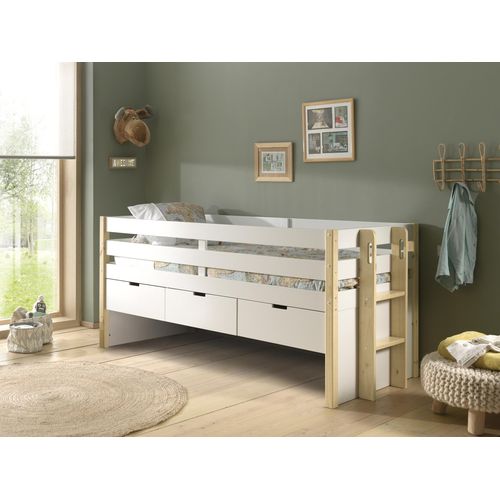 Vipack - Halbhohes Margrit Bett mit Rolllattenrost, Liegefläche 90 x 200, inkl. 3 Schubladen, Ausf. Weiß lackiert, Bettpfosten Kiefer natur lackiert