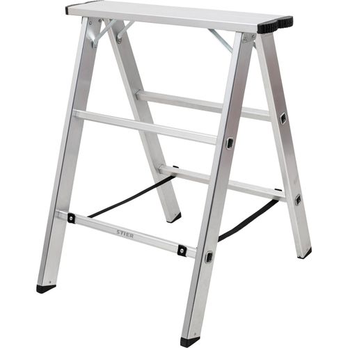 STIER Aluminiumbock, mit einer Tragfähigkeit von 150kg, 75 cm breit, 80 cm hoch, Arbeitsbock, Unterstellbock, Montagebock, Klappbock, verzinkte Scharniere, Nylongurte zur Absicherung