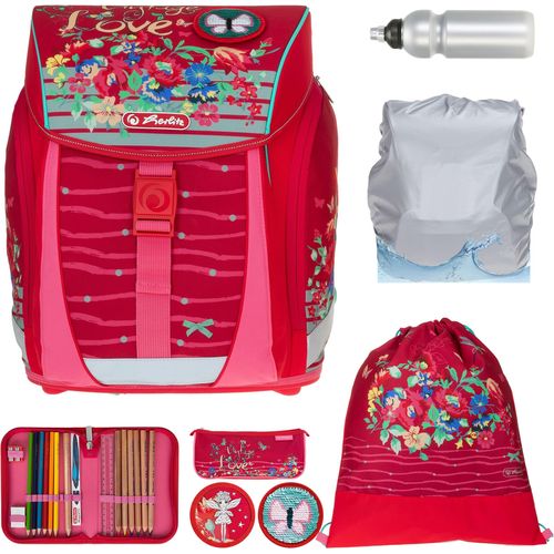 Schulranzenset für Mädchen Herlitz Filo Light Plus 8 Teile Ranzen Mega Set für die Grundschule 1. - 4- Klasse mit Regenhülle Trinkflasche 50037865 Flower Vintage Love Rot +rf