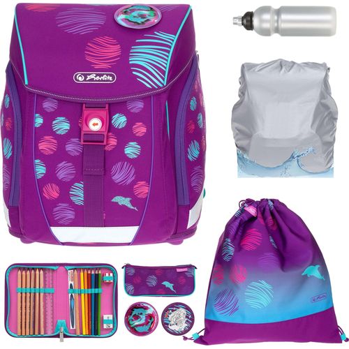 Schulranzenset für Mädchen Herlitz Filo Light Plus 8 Teile Schulmappe Tornister Mega Set für die Grundschule 1. - 4- Klasse mit Regenhülle Trinkflasche 50037872 Sea Bubbles Lila +rf