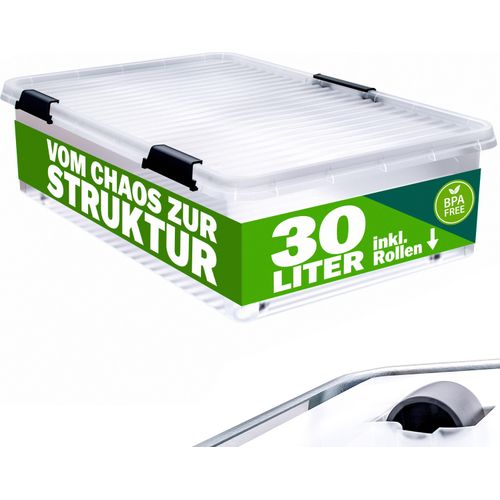 DEUBA® Aufbewahrungsbox transparent Stapelbox Ordnungsbox 30L 60L Deckel aufklappbar stapelbar Rollen BPA frei lebensmittelecht Box , Volumen:30L