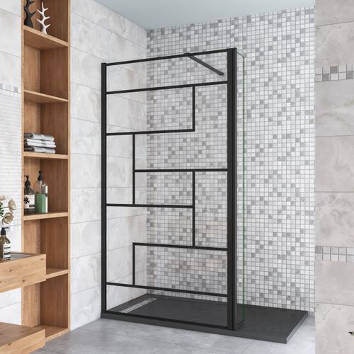 Schwarz Walkin Duschkabine 90x200cm Gittermuster Duschwand mit 40x200cm Flipper Panel +140cm Stabilisator 8mm Nano-ESG Duschtrennwand