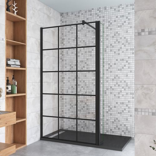 Schwarz Walkin Duschkabine 80x200cm Gittermuster Duschwand mit 40x200cm Flipper Panel +90cm Stabilisator