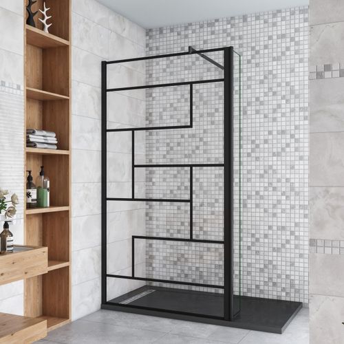 Schwarz Walkin Duschkabine 90x200cm Gittermuster Duschwand mit 40x200cm Flipper Panel +70-120cm Stabilisator 8mm Nano-ESG Duschtrennwand
