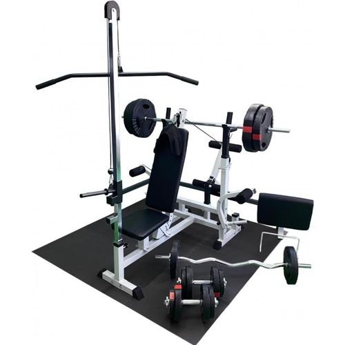 GORILLA SPORTS® Kraftstation - Hantelbank mit verstellbare Hantelablage, Latzugturm, Butterfly, Curlpult, Beincurler und 100 kg Hantelset, Farbwahl - Trainingsbank, Fitnessstation, Trainingsstation
