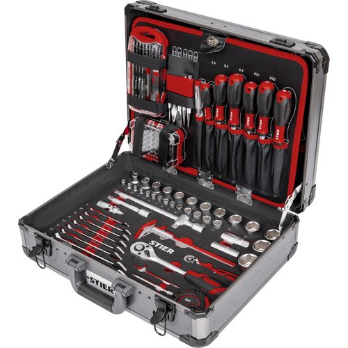 STIER Universal-Werkzeugsortiment im Aluminiumkoffer 144-teilig, Werkzeugkoffer bestückt gefüllt, Werkzeug Set, 4 Fächer mit Schraubendrehern, Scheren, Zangen, Säge u.v.m.