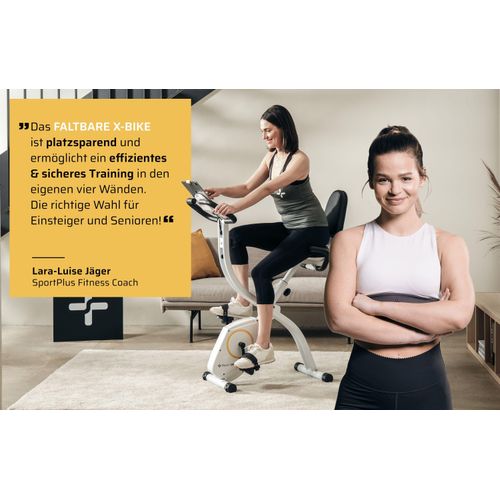 SportPlus I Heimtrainer I X-Bike, Hometrainer, Fahrrad klappbar für Zuhause, Rückenlehne, 8 Stufen, App Kompatibilität, weiß, bis 100 kg, SP-HT-1300-W-iE