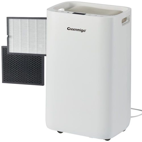 Greenmigo Luftentfeuchter Lufttrockner 20L/Tag,Ionisator,HEPA-Filter und Aktivkohlefilter,Kontinuierlicher Abfluss,Wäschetrockner,24-Stunden-Timer,Sch