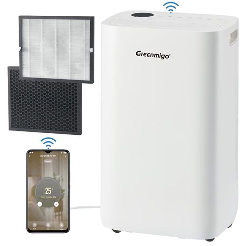 Greenmigo WiFi Luftentfeuchter Lufttrockner 25L/Tag,Ionisator,HEPA-Filter und Aktivkohlefilter,Kontinuierlicher Abfluss,Wäschetrockner,24-Stunden-Time