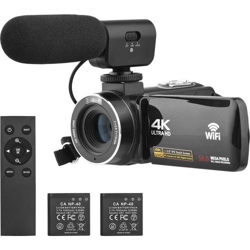 4K-Digitalvideokamera, WLAN-Camcorder, DV-Recorder, 56 MP, 18-facher Digitalzoom, 3,0-Zoll-IPS-Touchscreen, unterstuetzt Gesichtserkennung, IR-Nachtsicht, Anti-Shake, mit 2 Batterien, Fernbedienung, Tragetasche und externem Mikrofon