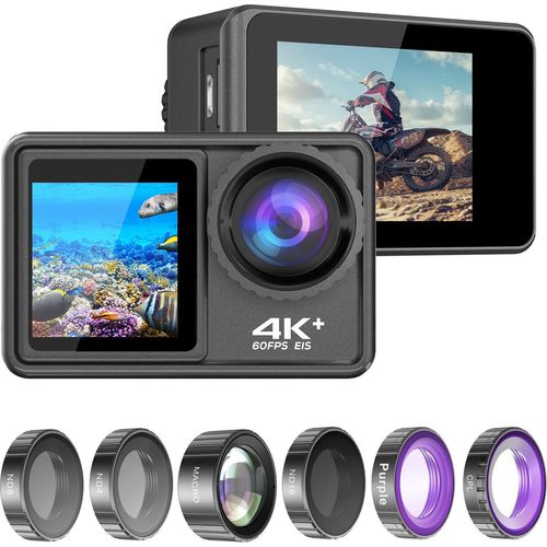4K 24MP Dual Screen Sportkamera DV Camcorder 2,0 Zoll Bildschirm 170¡ã Weitwinkel EIS 40m Wasserdichtes WLAN mit Makro CPL ND4 8 16 Violettes Objektiv fuer Outdoor-Sportarten